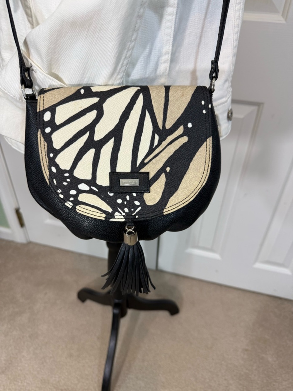 Leather Crossbody Bag with Butterfly Print Black & Cream by Pineda Covalin - Picture 3 of 13